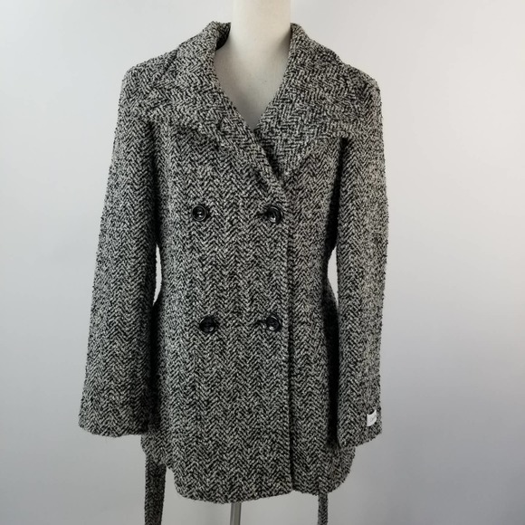 Calvin Klein Black Gray Double Breasted Belted Wool Blend Coat Sweater Jacket 12 - Picture 2 of 6